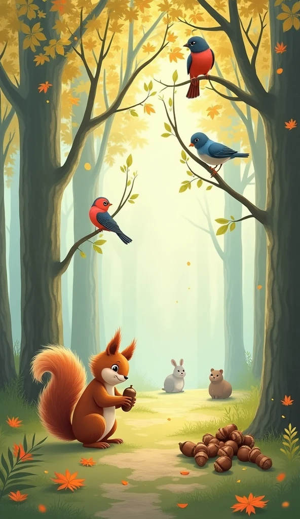 squirrel Collecting acorns Colorful birds on a tree pastel colour in the forest Like a picture book world Gentle Image Preparing for Winter There seems to be a small rabbit in the distance. Cute World