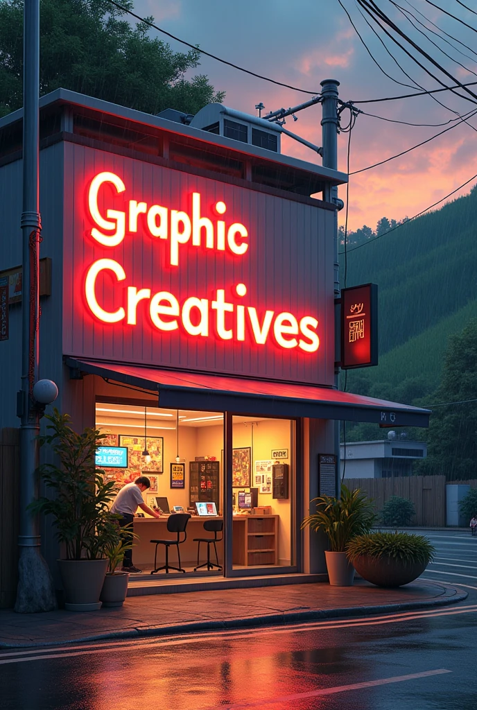 Big
Graphic design studio in city street with studio name board
,with grenaey hill background, orange evening sky rainy water on road anime in India