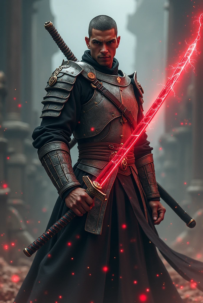 A brown-skinned man with short hair, a swordsman with a red katana with lightning bolts and gray armor with shades of black.

