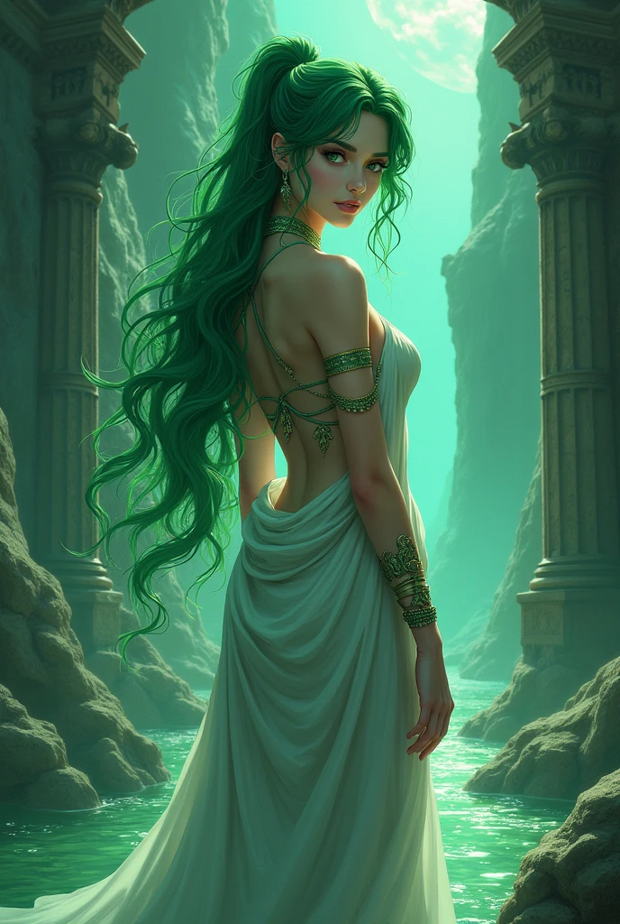 beautiful adult woman with green hair and green eyes, in ancient Greek attire with anime style in the Greek Underworld