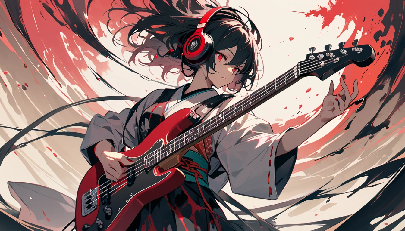(((Ink Painting))), ((Japanese style headphones)), (((Corpse Paint))), electric bass, Magnificent hair ornament, Japanese, vividcolor