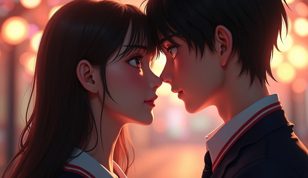 (32K:1.9, Realistic:1.9, Highest quality, masterpiece, Ultra-high resolution), Perfect dynamic composition, Highly detailed skin and facial textures:1.3, Detailed eyes, Detailed limbs, (Cute sexy slim Japanese schoolgirl, expensive、Slim Japanese high school boy), Fair skin, ((Clarity:1.1)), (Both boys and girls wear a blazer-style uniform with a red tie.), (A man is holding a woman:1.0), (smile:0.9, Totally captivates you:0.9), (beautiful Blue Eyes, beautiful, Clear Eyes:0.8), Sexy Face:0.4, blush:1.1, (beautifulエロティシズムを醸し出す雰囲気:0.8), Professional random camera work, Cinematic Lighting Effects, ((Full Body Shot)), ((Too erotic:0.9)) , romantic, mysterious, Object of admiration, original, dramatic, artistic, Innovative, charm, Heartful, Fancy, Tilt, sense of loss, special, exciting, Extreme, sense of openness, joy, joyの表現, ((若さのcharm, 女性的なcharm))