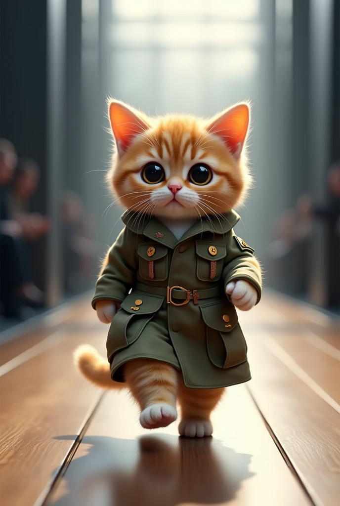(photorealism:1.2), cute cat wearing army dress walking on the runway