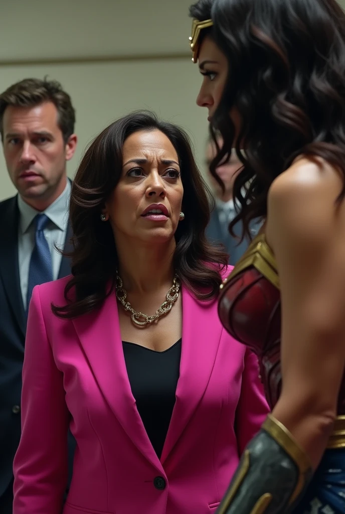 United States Vice President Kamala Harris who is wearing a Pink Suit and crying is being captured by Super Hero Wonder Woman for Lying. Kamala Harris is being interrogated and being forced to tell the truth.