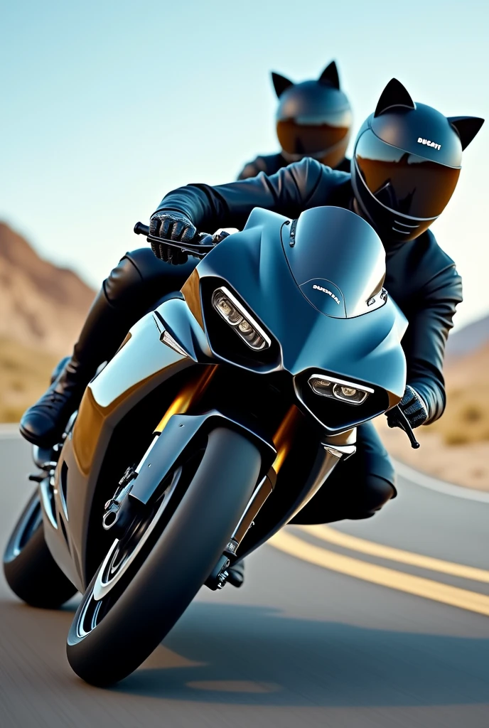 A man in motorcycle gear and helmet riding a black Ducati Panigale V4 with blue details and a woman on the back in motorcycle gear and helmet with black cat ears.