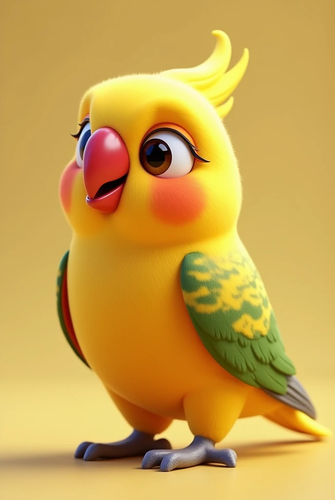 3D animation, yellow bird with red beak, of the Ring Neck Psitaculla krameri species, on a neutral background