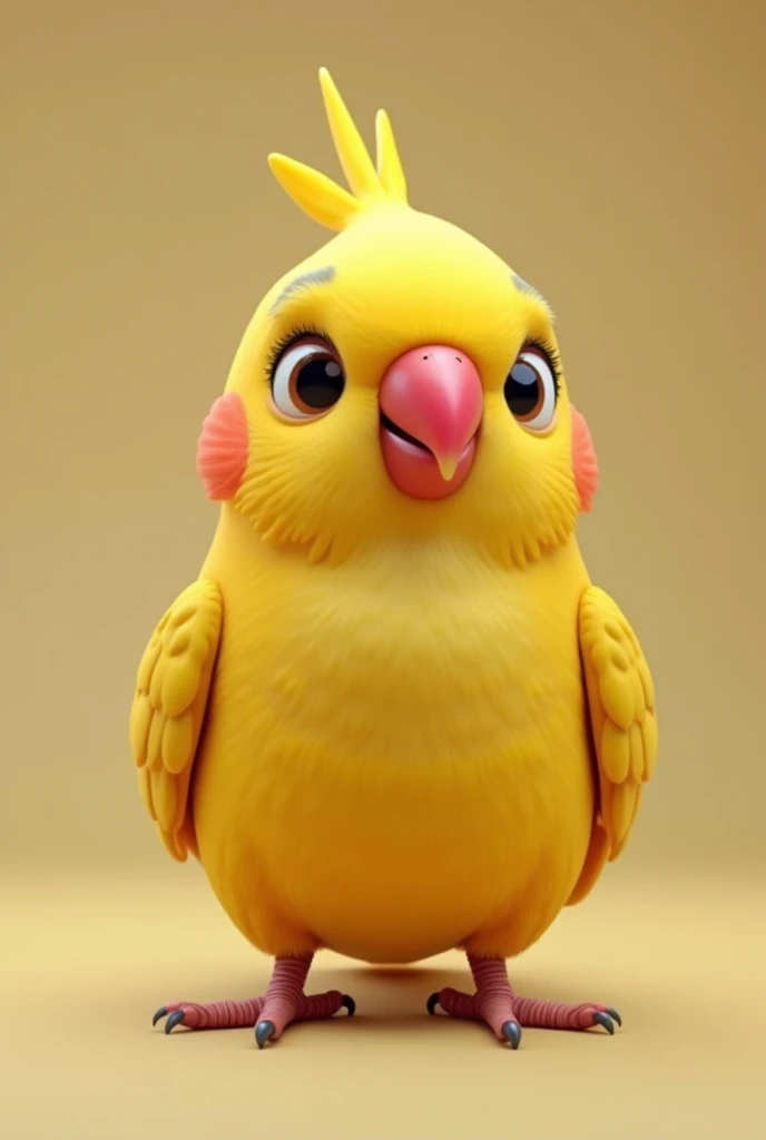 3D animation, yellow bird with red beak, of the Ring Neck Psitaculla krameri species, on a neutral background