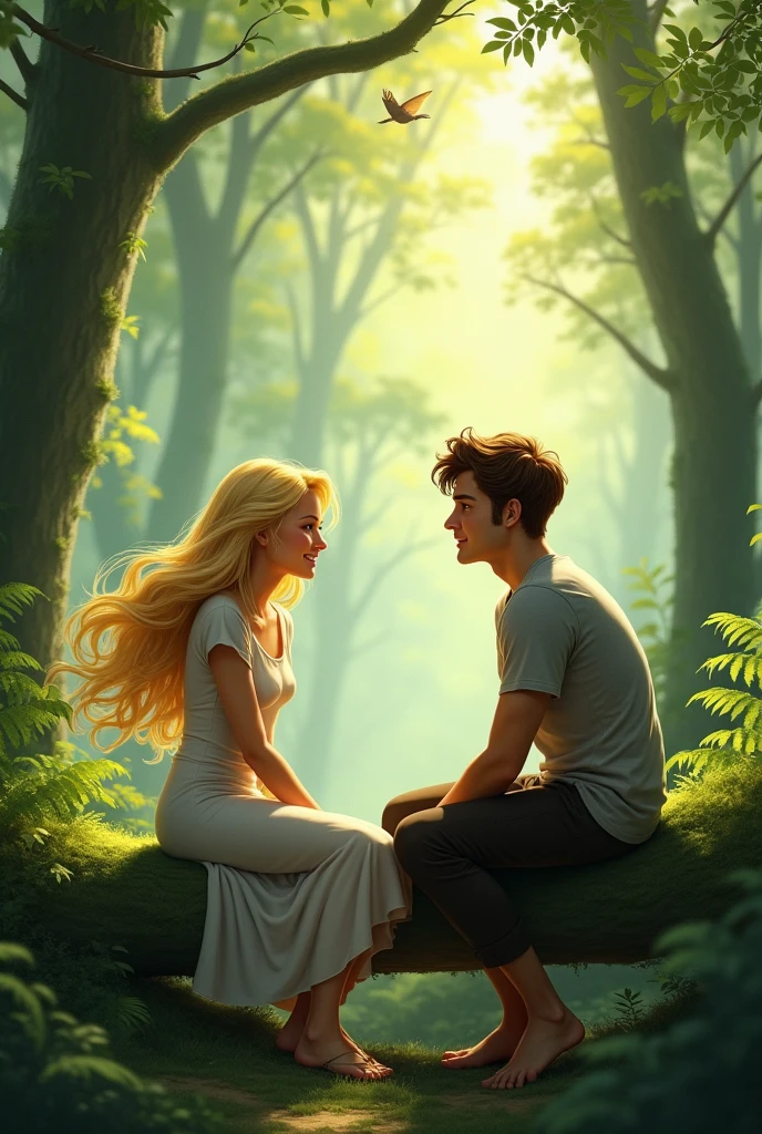I need a blonde woman and a brown-haired man sitting in a forest talking 