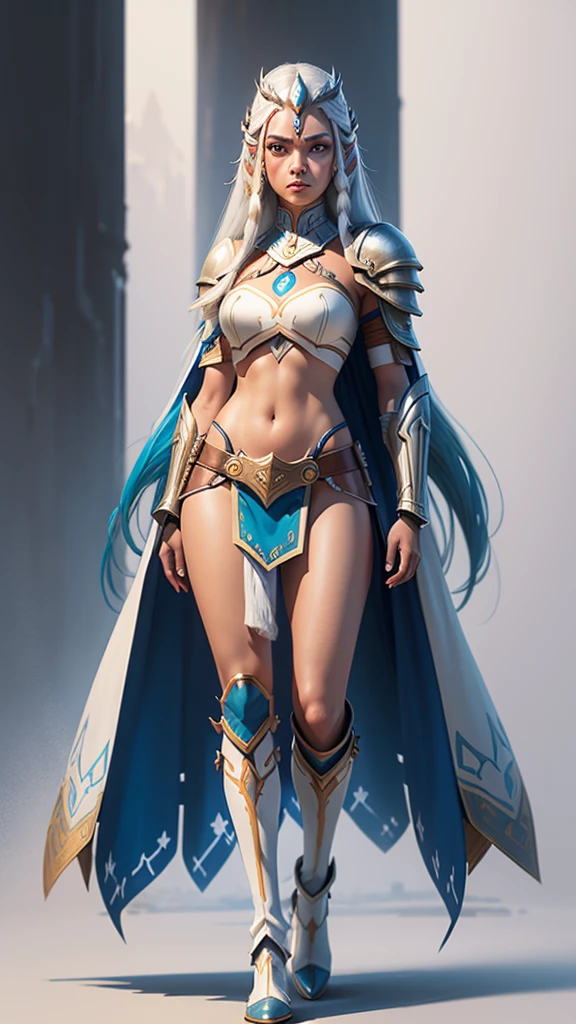 Togruta Ahsoka Tano as an Indian girl, white and blue long luxurious loose hair, feathered leather armor, a lot of details, full body concept art in World of Warcraft style, Drawing with colored pencils, Full-length drawing
