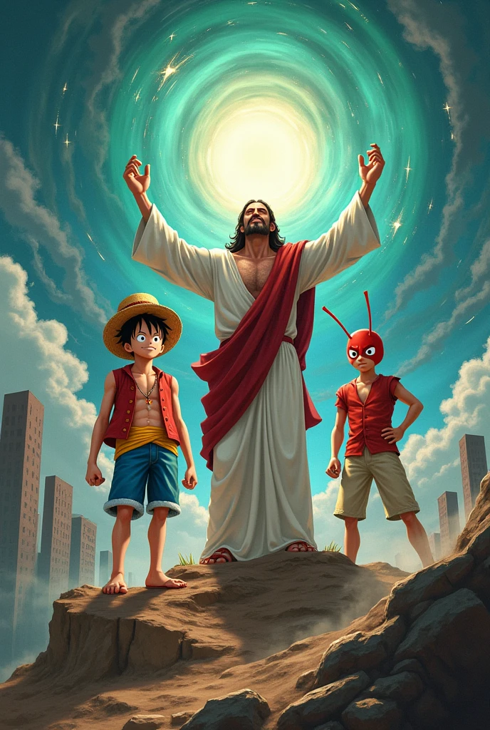 Monkey D. Luffy, Jesus Christ and the Red Grasshopper (Chespirito character) saving the world