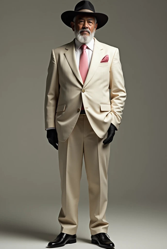 Indigenous man in a light-colored suit, black hat with lead trim, baby pink tie, White shirt, black shoes and leather gloves.