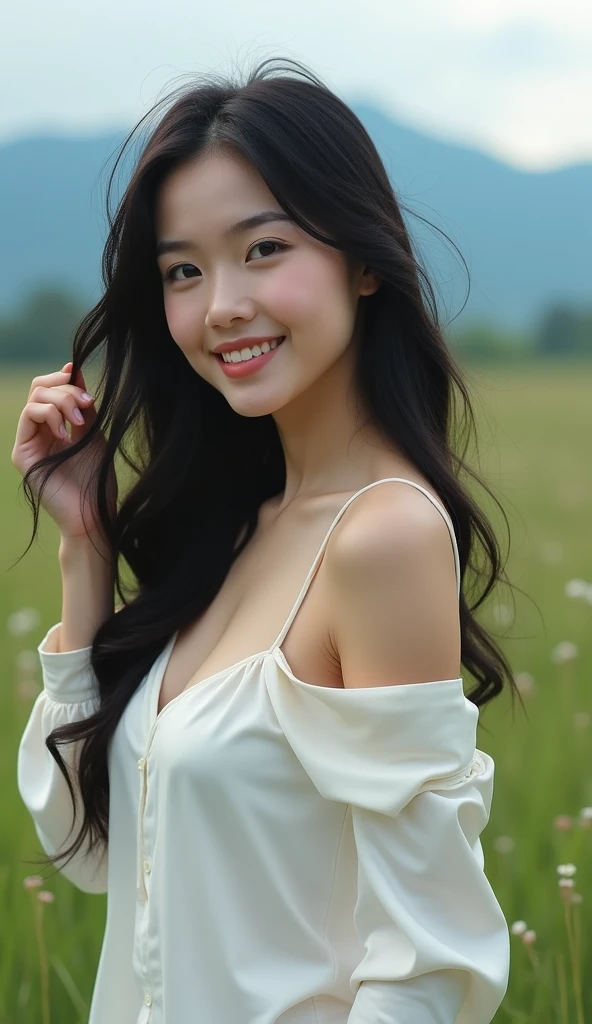 (Masterpiece),(complication:1.3),(Realistic),Young woman,, A cute bright smile.,(Beautiful long black hair with slight curls.), Blue eyes,(Slightly chubby), (big breasts), (Thai face), (Very beautiful face), white skin, small, Wear shorts, Stand sideways and grab my hair, (The wind blows gently from right to left.), There are small flowers.,(Wear a white silk shirt that shows both shoulders.),Has uniqueness,(Located in an open area, with grasslands and mountains.),Can be viewed in many formats,see the whole body,Beautifully detailed,Be natural,Complex light lines,Show after image,Professional Photographer,Have clarity,dramatic,Awarded globally,Cinematic lighting,(film grain,Blurred background,Blurred background,bokeh,depth of field)
