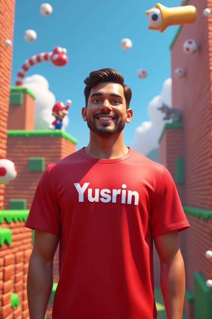 A man 2 wearing red t-shirt lebeled Yusrin and partner super Mario games Mario background 3d 