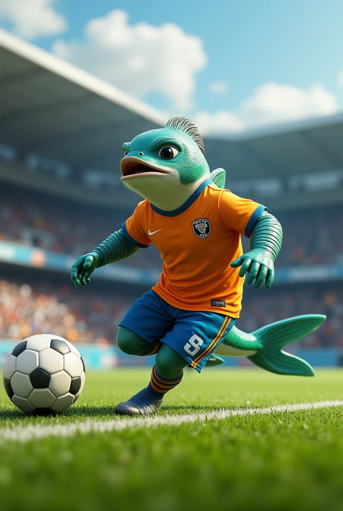 Olympic mascot that is an adult fish wearing a football shirt and playing