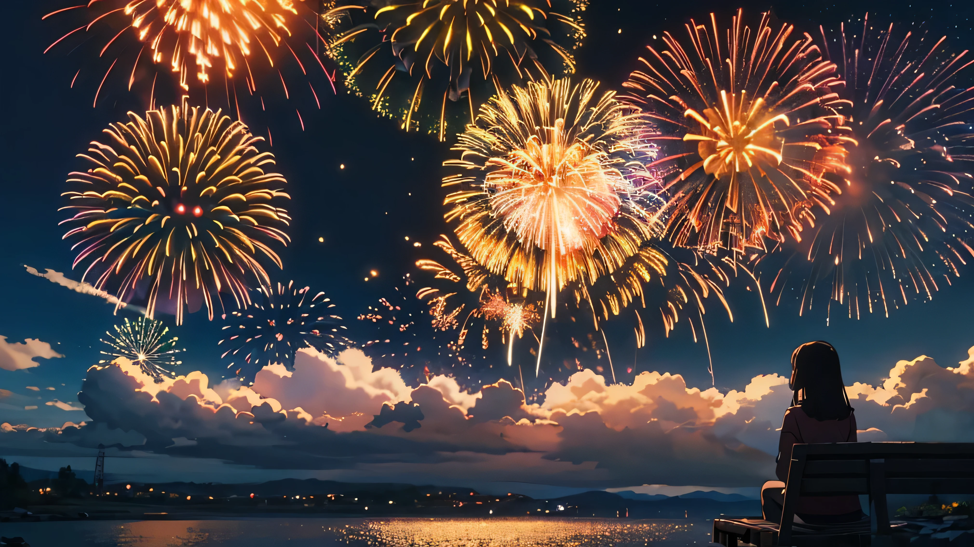 (masterpiece:1.4), (Highest quality:1.4), Very detailed, Complex, Super detailed, night、firework、Girl watching the firework、one person、4K、8k