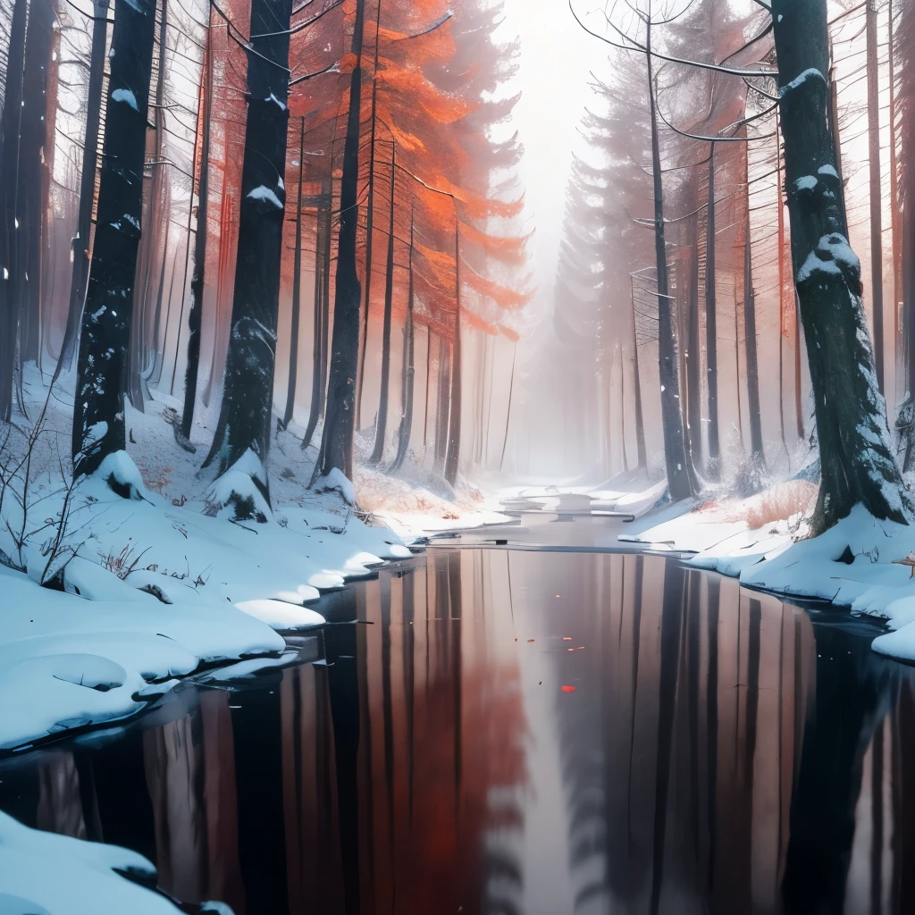 trees with red leaves in a forest with a stream of water, a matte painting by Wolfgang Zelmer, flickr, land art, red forest, red fog on the ground, german forest, beautiful misty wood, red trees, really beautiful forest, in a snowy forest setting, vibrant but dreary red, snowing in the forest, forest colors, beautiful forest