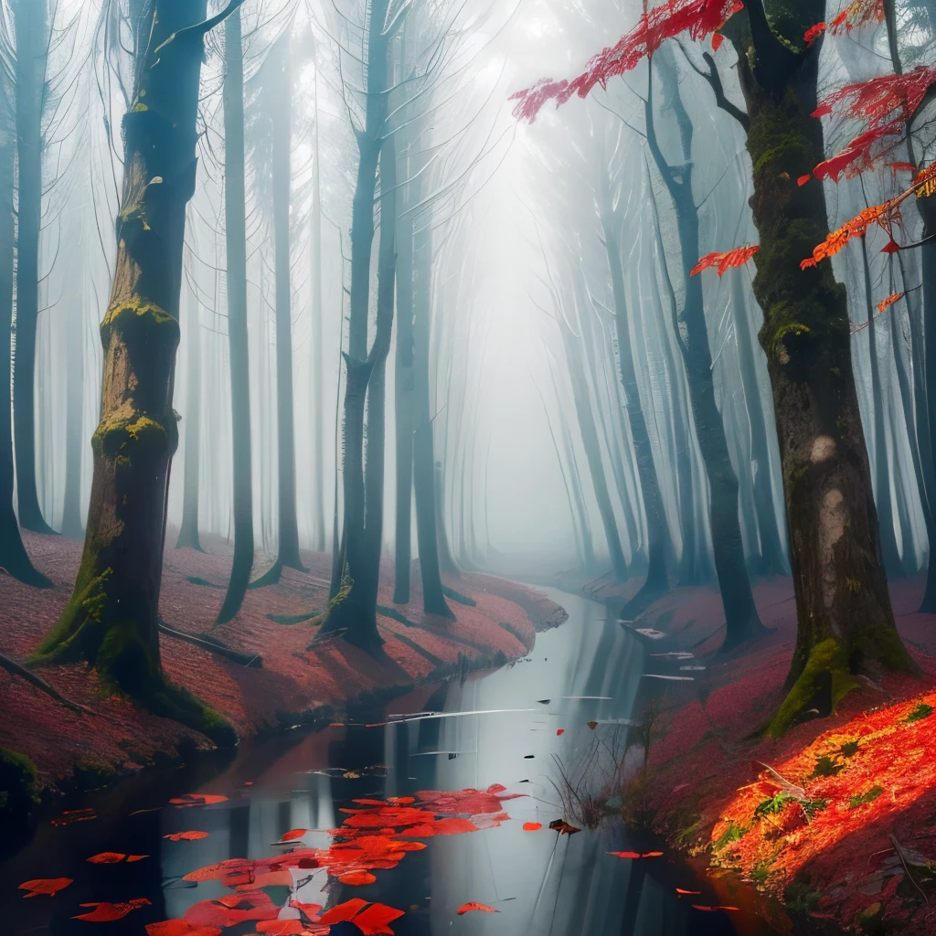 trees with red leaves in a forest with a stream of water, a matte painting by Wolfgang Zelmer, flickr, land art, red forest, red fog on the ground, german forest, beautiful misty wood, red trees, really beautiful forest, in a snowy forest setting, vibrant but dreary red, snowing in the forest, forest colors, beautiful forest