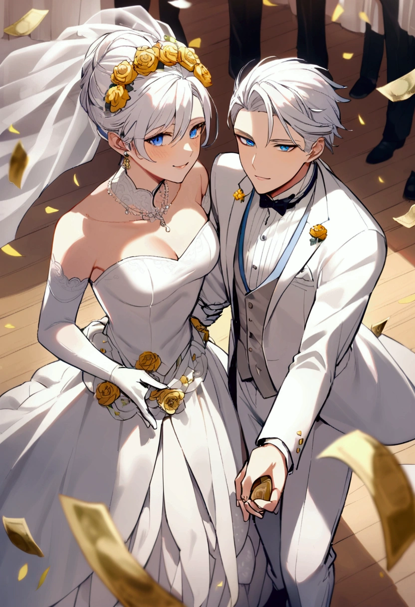 20 years old boy, white hair, blue eyes, wearing groom's wedding clothes, lots of money, big wedding, hold hand