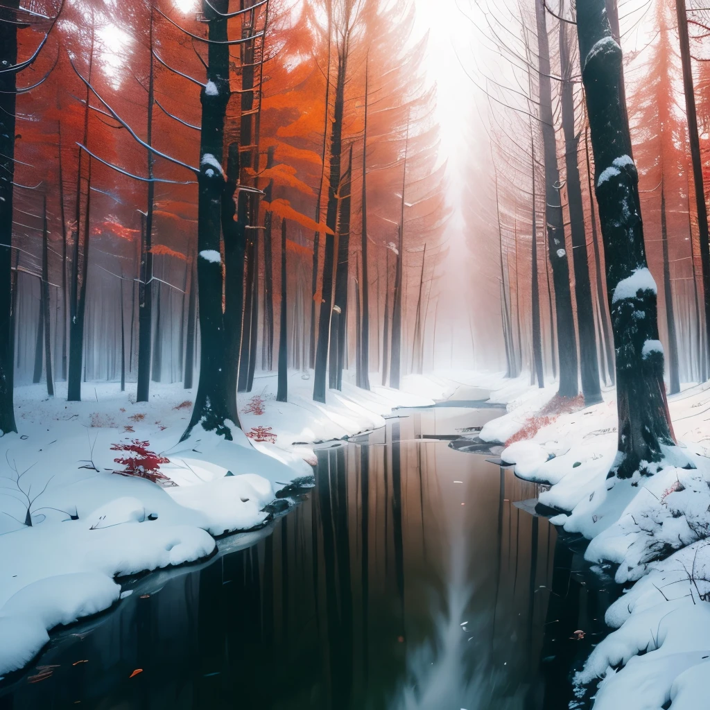 trees with red leaves in a forest with a stream of water, a matte painting by Wolfgang Zelmer, flickr, land art, red forest, red fog on the ground, german forest, beautiful misty wood, red trees, really beautiful forest, in a snowy forest setting, vibrant but dreary red, snowing in the forest, forest colors, beautiful forest