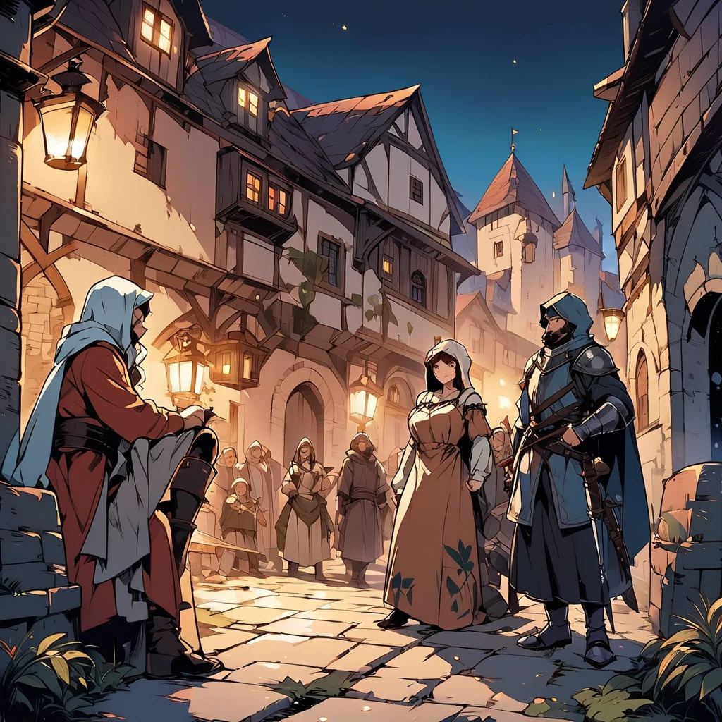 Medieval Europe,at night,An assassin in night clothes,Lurking behind a noble man。Mid-ground composition,Game illustration style。