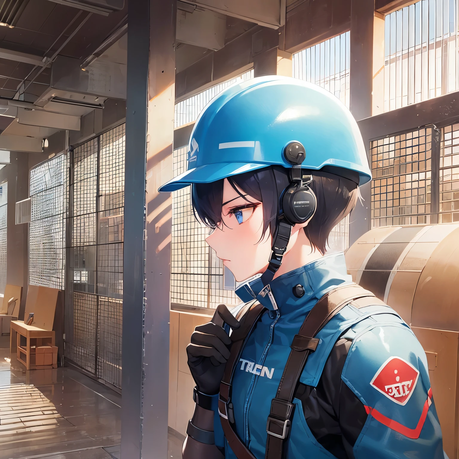 (2 male:1.5) and (Black short hair) and (blue eyes), side angle,(looking away:1.5)upper body,
shiny skin, masterpiece、Highest quality、
Serious,Are standing、factory、(alone:1.5),Welding workers wear special welding gear