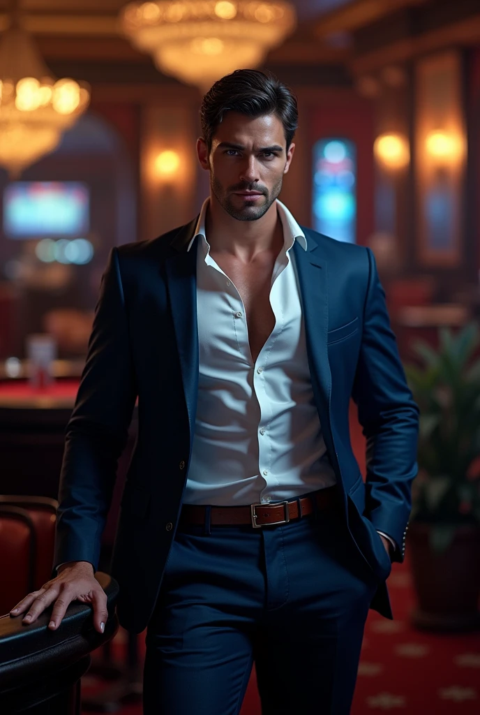 Man in dark blue suit with casual white shirt with two buttons loose. With arms extended on the back of a piece of furniture, grey eyes, black hair, strong, attractive, dangerous and sensual beauty. With a glass in his hand. The setting is in a gambling casino. The one with relaxed appearance. (Hombre demasiado attractive de grey eyes y facciones definidas)