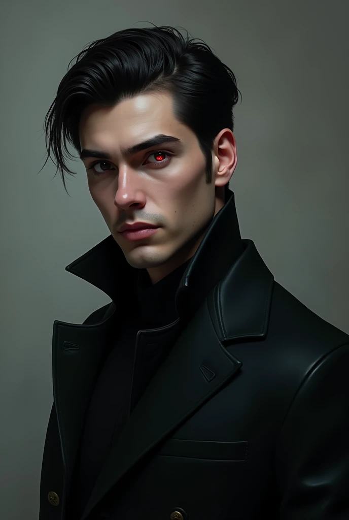 Raven Lucian, at 25, is a strikingly handsome man with piercing red eyes that burn with an inner fire. He sports impeccably tailored dark suits that accentuate his sharp, defined features. His neatly trimmed dark hair complements his constant, unsettling smirk. With a smooth, chilling voice, he exudes both youthful elegance and a menacing edge.