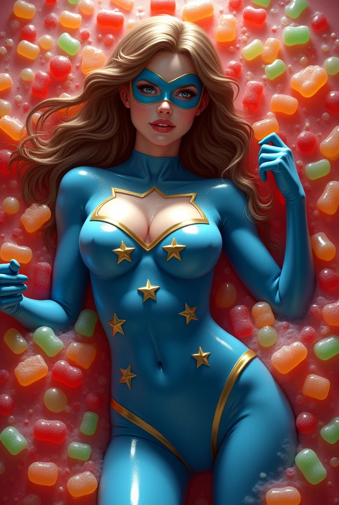 Superheroine with light brown hair wearing skintight blue spandex her nipples protruding with gold stars on her outfit and wearing a blue mask is very weak and helpless. She’s fallen into a gummy bear and gummy worm pit and is covered and surrounded with gummy bears and gummy worms.