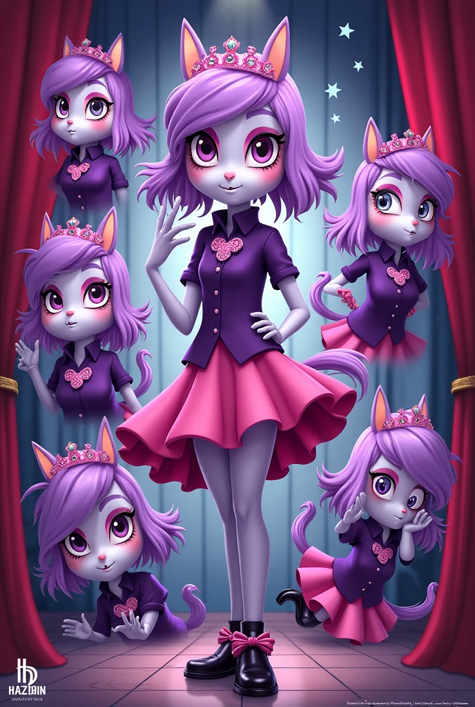 hazbin hotel poster features carla, a purple colt with a purple shirt, pink skirt, Black shoes with pink details and a tiara. She is seen gesturing in her own way in a video booth with a different facial expression in each frame., and a curtain background according to its color with the title Princess Carla, the princesses of the dolls