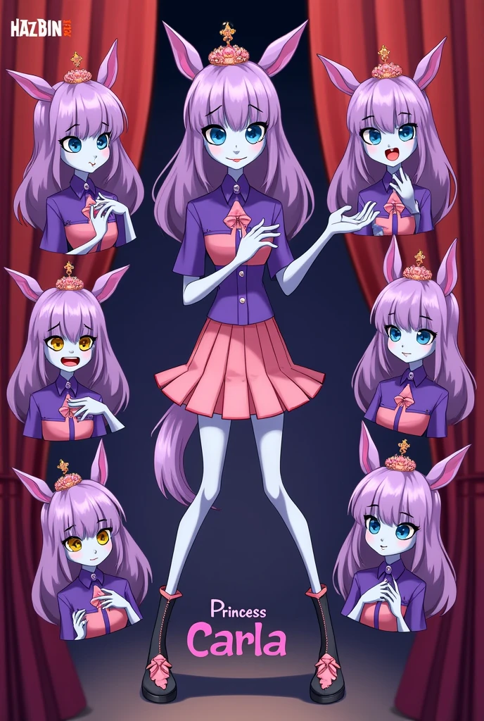hazbin hotel poster features carla, a purple colt with a purple shirt, pink skirt, Black shoes with pink details and a tiara. She is seen gesturing in her own way in a video booth with a different facial expression in each frame., and a curtain background according to its color with the title Princess Carla, the princesses of the dolls