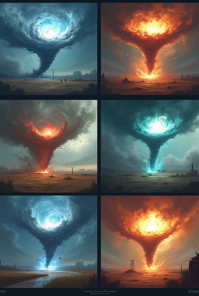 Can you make me an image with a tornado sprite that shows 6 tornadoes in an image that have a sequence for a video game simulating what is happening in a tornado?