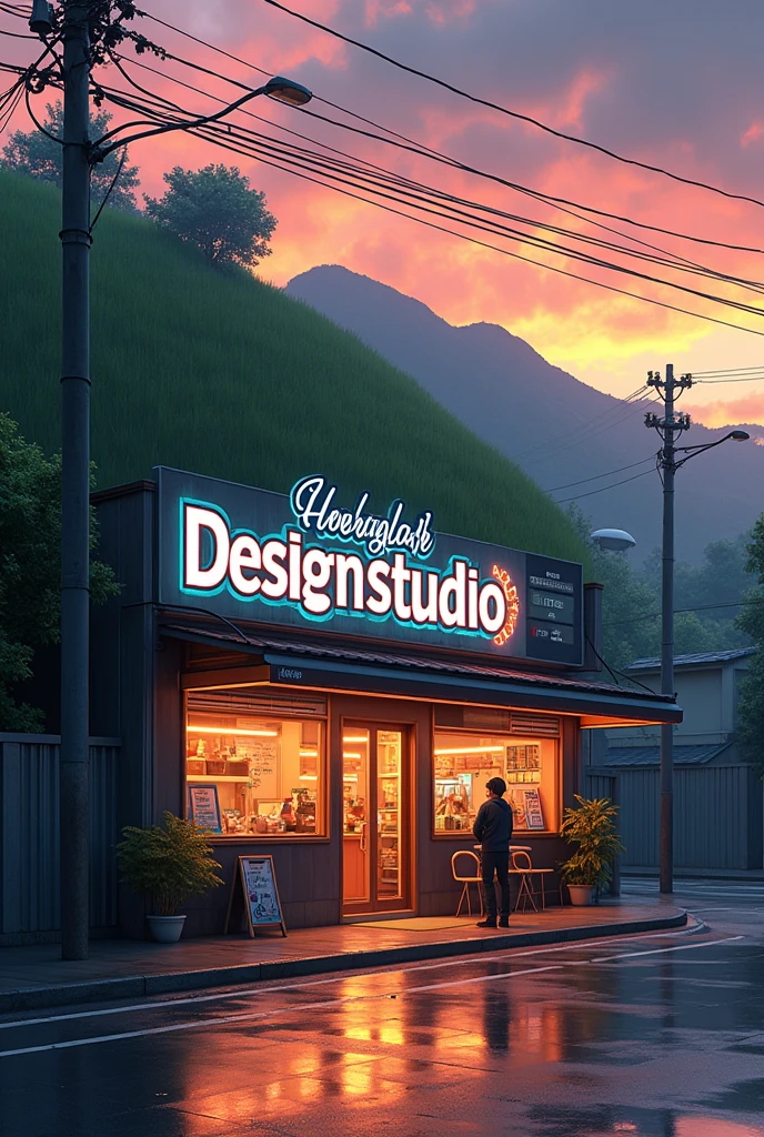 Big
Graphic design studio in city street with studio name board
,with grenaey hill background, orange evening sky rainy water on road anime in India