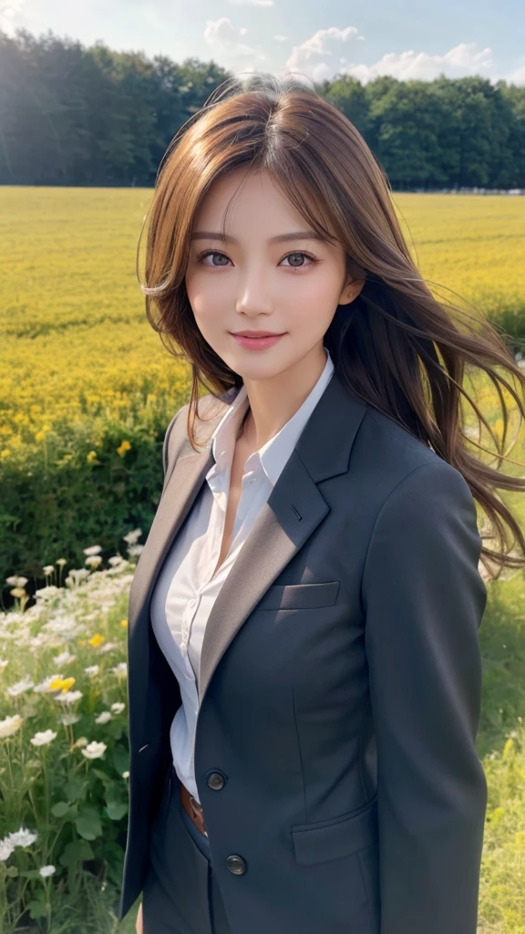 highest quality、genuine、Super detailed、finely、High resolution、8k wallpaper、one beautiful woman、、、light brown disheveled hair、wearing a business suit、sharp focus、perfect dynamic composition、beautiful and detailed eyes、thin hair、Detailed genuine skin texture、smile、model body shape、In a windswept meadow