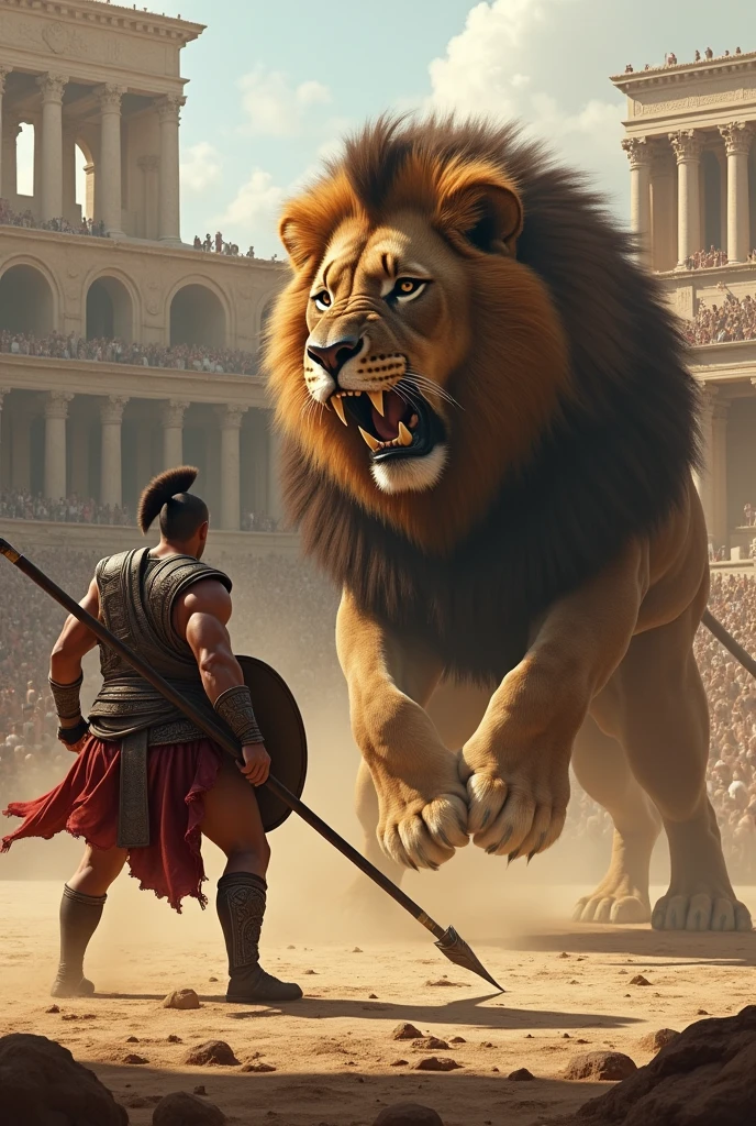 Gladiator in a Roman arena in ancient times fighting a realistic large hairy lion 
