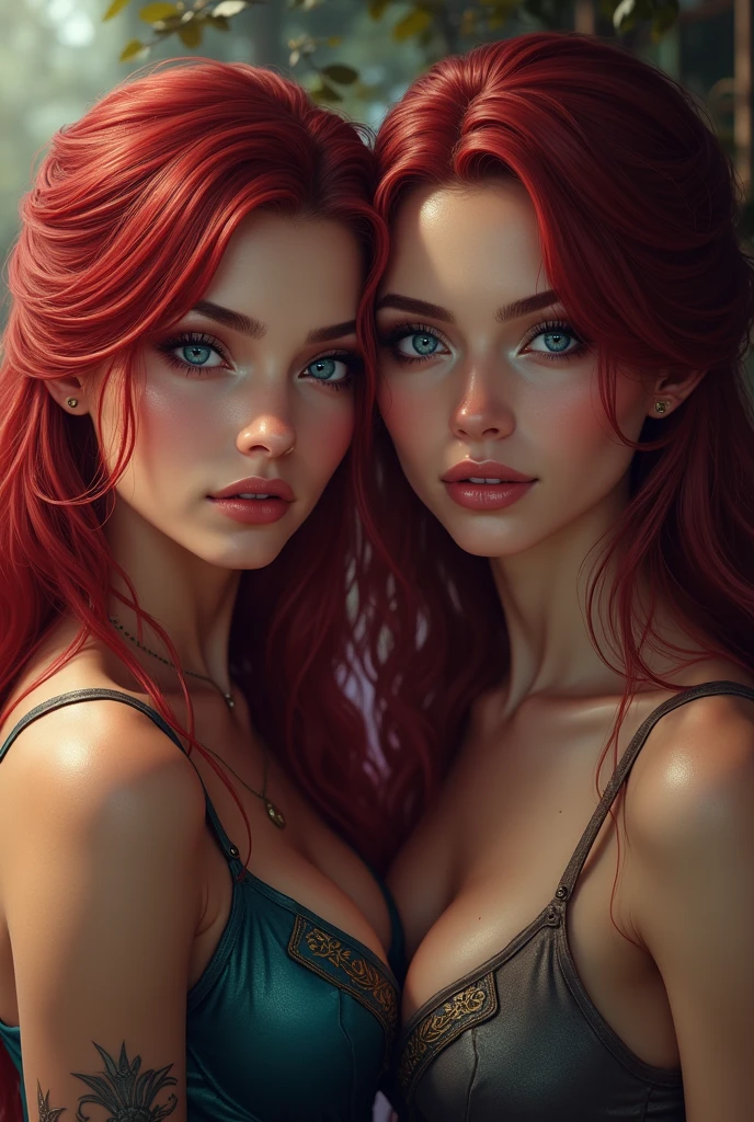 high quality fingers, normal hands, detailed fingers,masterpiece, (realistic, photo-realistic:1.37), (2 woman), katarina from league of legends, medium breast, small waist, dark red hair, blue eyes, beautiful face, perfect illumination, beautiful detailed eyes,looking at viewer, stunningly beautiful woman, detailed hairstyle, detailed background,shorts, detailed fantasy background, (sweat:1)