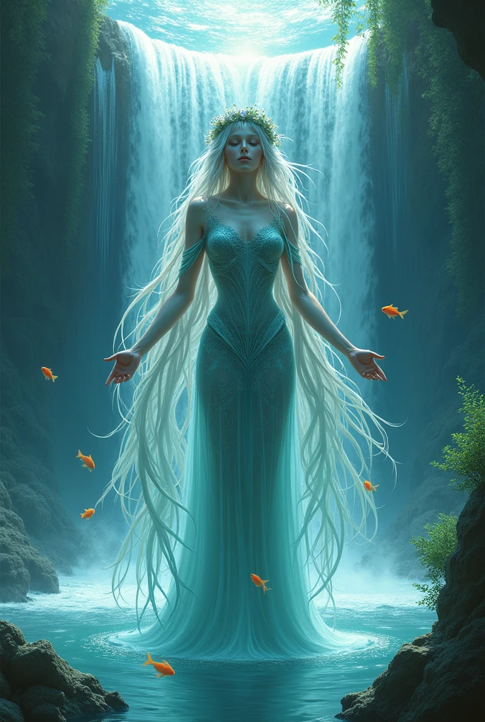 A mesmerizing goddess of water emerging from the heart of a colossal waterfall. Her ethereal form, a harmonious blend of human and aquatic elements, is adorned with flowing strands of seaweed and a crown of intertwined water lilies that gracefully frame her face. Her eyes, the vibrant blue of the ocean depths, are closed in a serene expression, as if in silent communion with the rushing torrent that envelops her. The goddess's skin is a luminescent shade of blue-green, reflecting the light that filters through the cascading water. Delicate scales trace the contours of her body, hinting at her aquatic nature, while her long hair, a river of silver and white, streams out behind her, mirroring the fall's own descent. The scene is set in a lush, submerged cavern where the waterfall crashes into a crystalline pool, sending out ripples of shimmering light that dance upon the cavern walls. Schools of vivid fish, tinted by the rainbow spectrum of the sun's rays penetrating the surface above, flit around her in a playful ballet, drawn to her divine presence. The goddess stands tall and elegant, her arms outstretched to embrace the aquatic world, as the force of the waterfall seems to bend to her will, creating a veil of mist that surrounds her in an aura of tranquility and power. The image captures the essence of purity, grace, and the unyielding might of nature, as the goddess of water stands as a timeless guardian of her elemental realm.