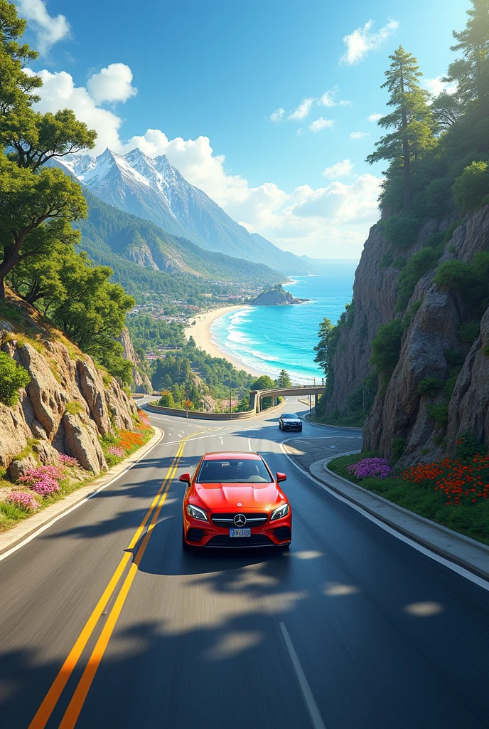 dynamic and vibrant images showing various scenic roads. Include diverse landscapes such as bustling city streets with skyscrapers and traffic, serene country lanes lined with trees and wildflowers, winding mountain paths with a view of snow-capped peaks, and scenic coastal highways with ocean views. Show a variety of cars, including a compact sedan, an SUV, and a luxury convertible, each driving through these different environments, capturing the essence of a journey through diverse terrains.