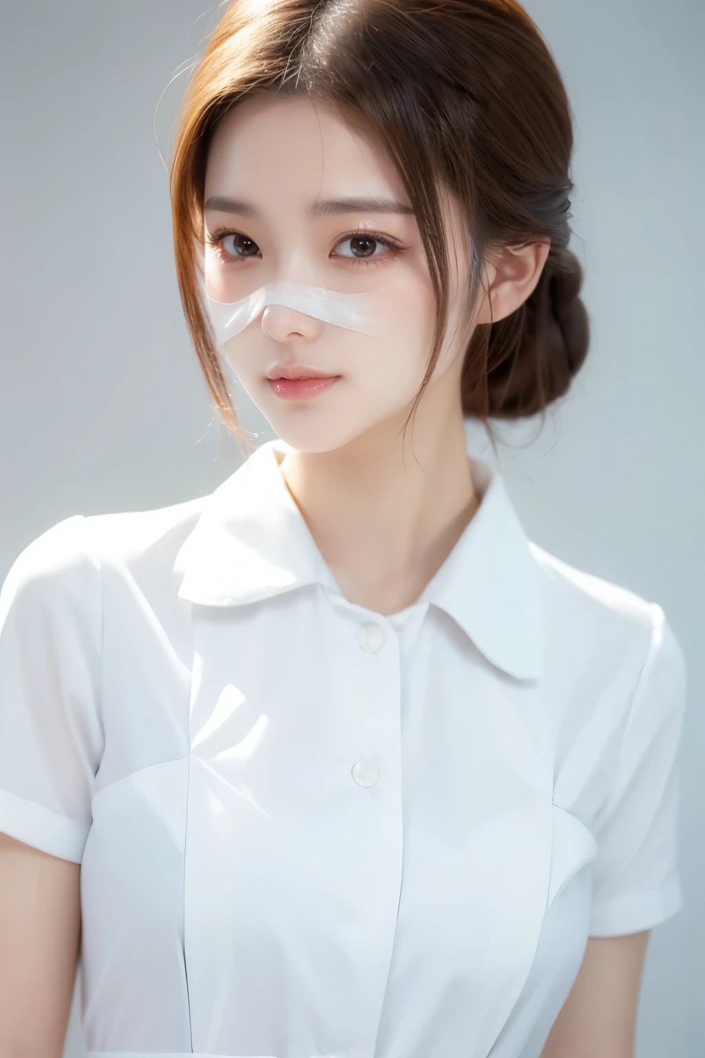 (Tabletop、highest quality、32k、Award-winning works、Ultra-high resolution)、(One beautiful nurse:1.1)、(The perfect white nurse uniform:1.1),Chignon,Shiny, beautiful hair,Accurate anatomy,(Strongly blurred white background:1.1),(very bright white lighting:1.1)、(Close-up of face:1.3),Perfect beautiful makeup,Spectacular Cinema Lighting、Tyndall effect,(standing elegantly:1.1),(Shining white skin:1.1)、Shiny beautiful skin、Radiant Skin,滑らかで汚れの無い美しい肌の顔,顔は滑らかな白い色,