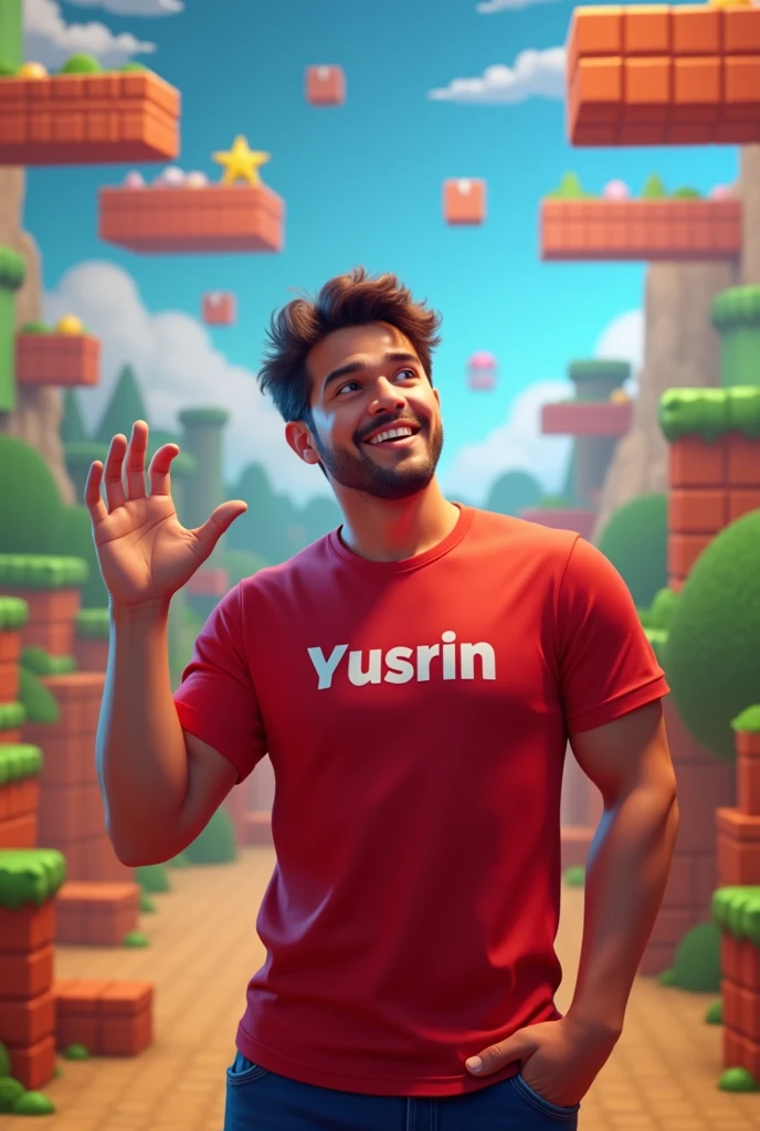 A man 2 wearing red t-shirt lebeled Yusrin and partner super Mario games Mario background 3d