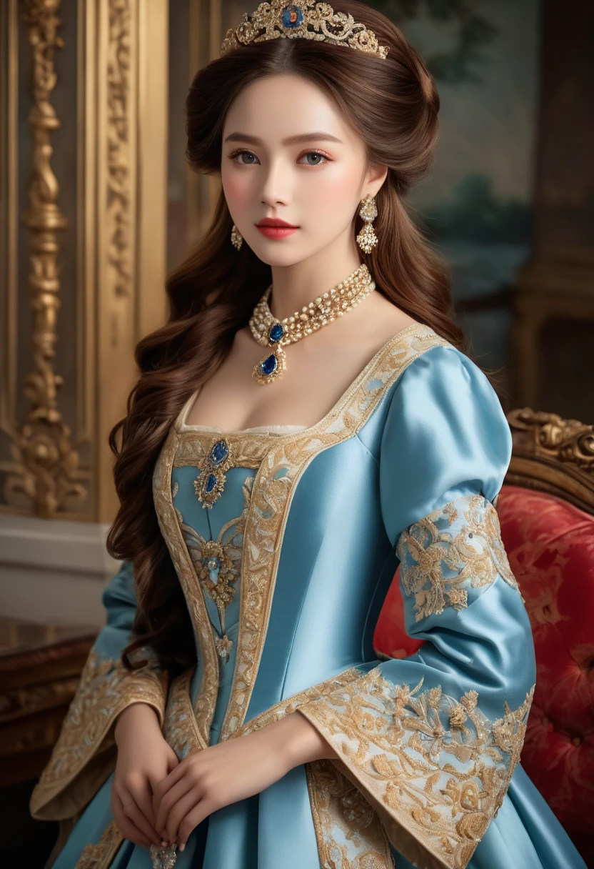 (best quality,4K,8K,high resolution,masterpiece:1.2),Extremely detailed,(Practical,photoPractical,photo-Practical:1.37),portrait,,Pastel,personalized masterpiece,18th century,Russian,noble,Queen,hot and cold,noble Daughter,,Extremely beautiful,Face,Has dark blue eyes,Delicate nose,Sweet mouth,Porcelain skin,红扑扑的Face,Long flowing brown hair,Light blue silk dress,Elegant Posture,Fine Jewelry,Embroidered lace collar,Grand Background,Rich interior,Faint golden light