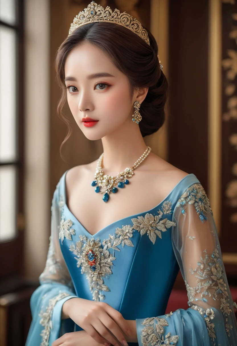 (best quality,4K,8K,high resolution,masterpiece:1.2),Extremely detailed,(Practical,photoPractical,photo-Practical:1.37),portrait,,Pastel,personalized masterpiece,18th century,Russian,noble,Queen,hot and cold,noble Daughter,,Extremely beautiful,Face,Has dark blue eyes,Delicate nose,Sweet mouth,Porcelain skin,红扑扑的Face,Long flowing brown hair,Light blue silk dress,Elegant Posture,Fine Jewelry,Embroidered lace collar,Grand Background,Rich interior,Faint golden light