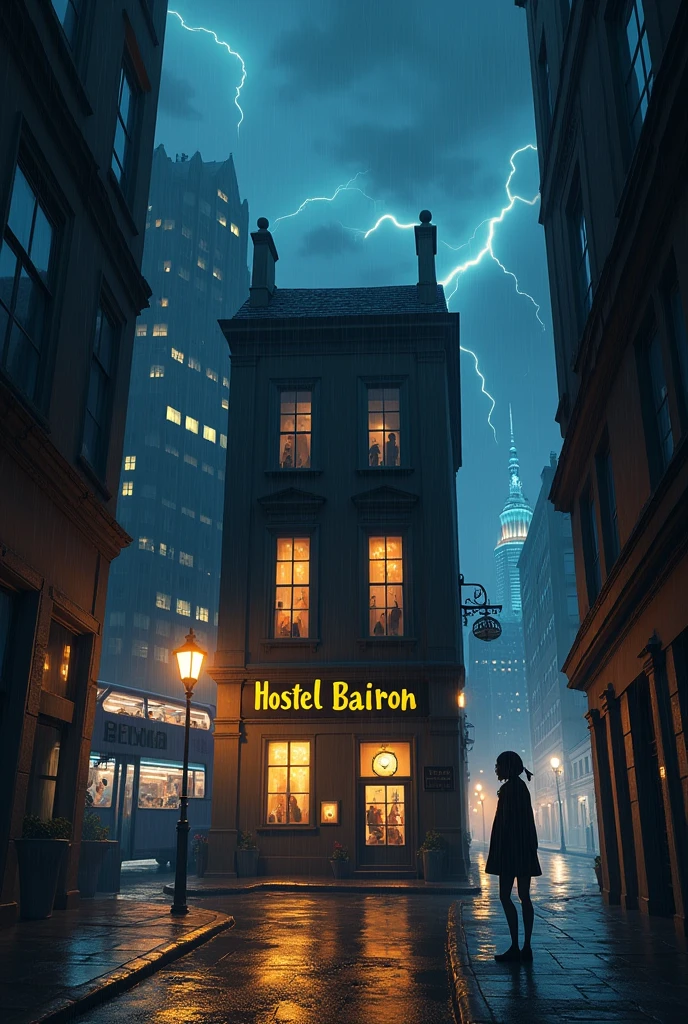 symmetrical image, old europe street, midnight, small hostel building, two floors, text says " HOSTEL BAIRON", hostel sandwitched beetween two high buildings, old london style, light rain, lightning, megapolis blurred lights on background, tourist bus driving away, girl standing close on right silloutte