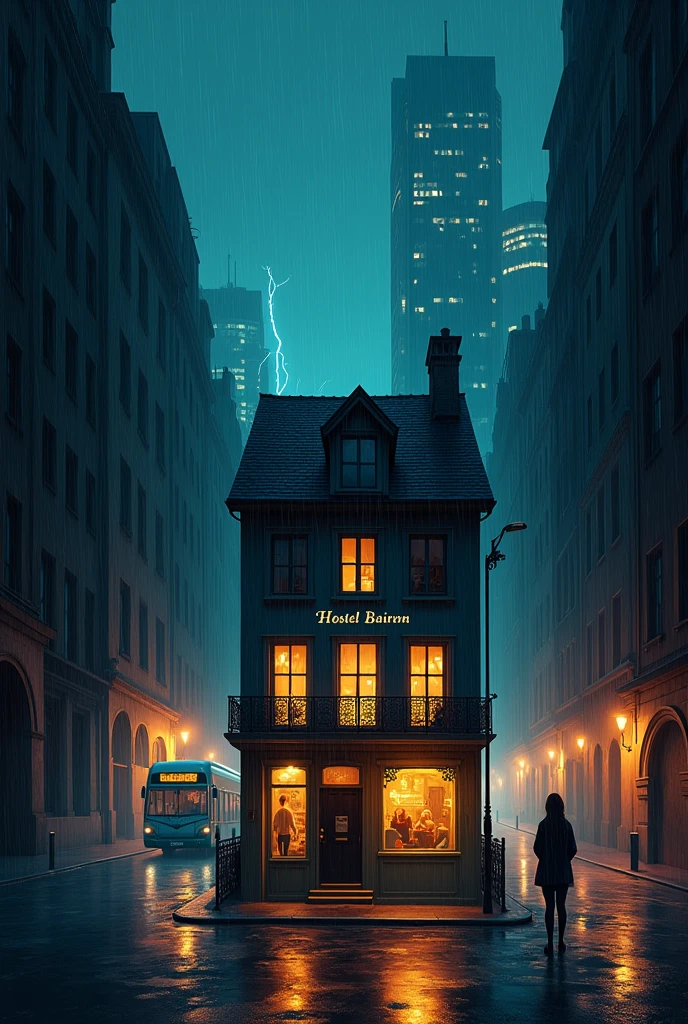 symmetrical image, old europe street, midnight, small hostel building, two floors, text says " HOSTEL BAIRON", hostel sandwitched beetween two high buildings, old london style, light rain, lightning, megapolis blurred lights on background, tourist bus driving away, girl standing close on right silloutte