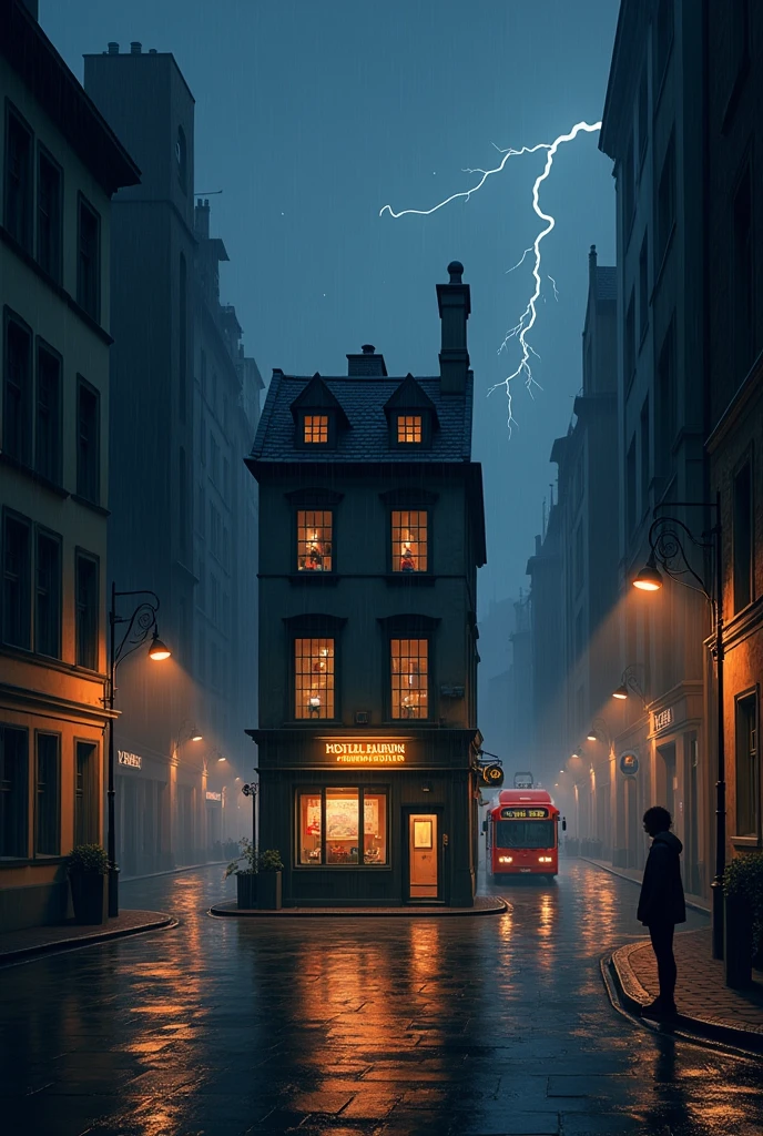 symmetrical image, old europe street, midnight, small hostel building, two floors, text says " HOSTEL BAIRON", hostel sandwitched beetween two high buildings, old london style, light rain, lightning, megapolis blurred lights on background, tourist bus driving away, girl standing close on right silloutte
