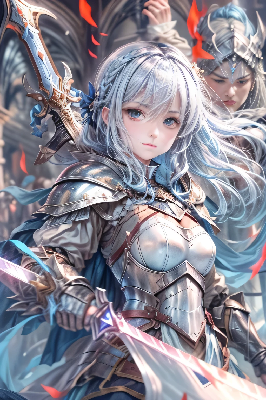 A female knight recognized by the legendary holy sword Excalibur、With the protection of the spirit of light, it emits an aura of light.、8k.Half Russian and half Japanese、Russian face、beautiful girl、A princess with the title of Dragon Slayer、、Small face、Young face、Big eyes、Skinny、Small breasts、(((Silver Hair、Silver Hair)))、With bangs、(((High resolution big beautiful light blue glowing eyes, )))、Shortcuts、Bobcut、(((Red ribbon in hair、Floral decoration)))、Partially braided、Transforms into an armored knight at the call of the holy sword Excalibur.、Large sword、A holy sword that emits a pale blue light、((god々He holds up his sword, shining a deep blue, to the sky.))、god々A sword that shines brilliantly、Magic Sword Light Shield、Armor of Light、fantasy landscape、Fantasy、(Battle with the Dark Knight、Fighting the Demons、Fighting the beastmen)A dragon knight riding a flying dragon through the sky、The sword swings down, leaving a trail of light in its wake.