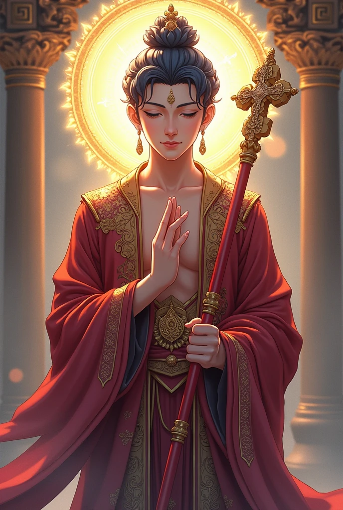 Text saying " Buddha", Title saying "Buddha", Buddha,teenage adult, majestic, luxurious clothing, staff, anime, novel cover