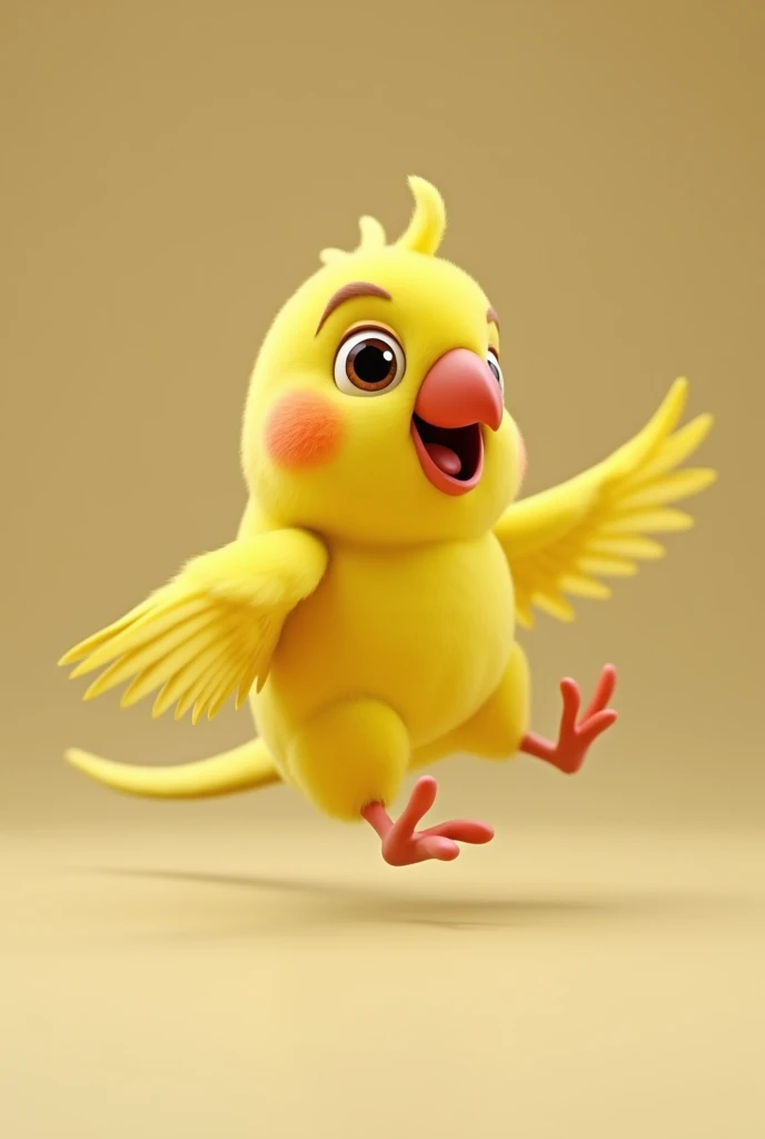 3D animation, little yellow bird, without spots or forelock, with red beak, of the Ring Neck species Psitaculla krameri, on a neutral background