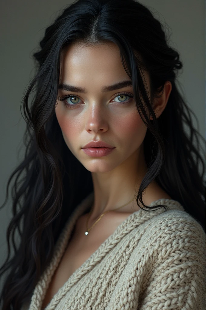 Lyana Stark from Game of Thrones with long wavy black hair, gray eyes wearing a sweater