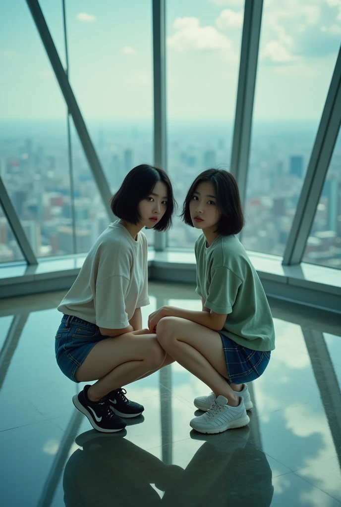 (Inside the Tokyo Skytree Observatory)、((mirror floor, reflections:1.3))、magic mix real、(raw photo:1.2)、(realistic:1.4)、The beauty of beautiful details　delicate expression、black hair short hair、((I can see your panties))(squatting bench)　Eyelashes　Beautiful, delicate details、large file size、very detailed、high resolution、transcendent beauty　best quality、masterpiece、、(Japanese women&#39;s fashion))、very detailed 표현　 grow、in detail、very detailed 얼굴 시네마틱 조명、2 girl、Positive、((dynamic pose)))、(Sit with your knees bent.))、（short sleeve sweatshirt、denim skirt、running shoes）、sexy upward gaze、(Wearing wailing panties and facing the camera))、