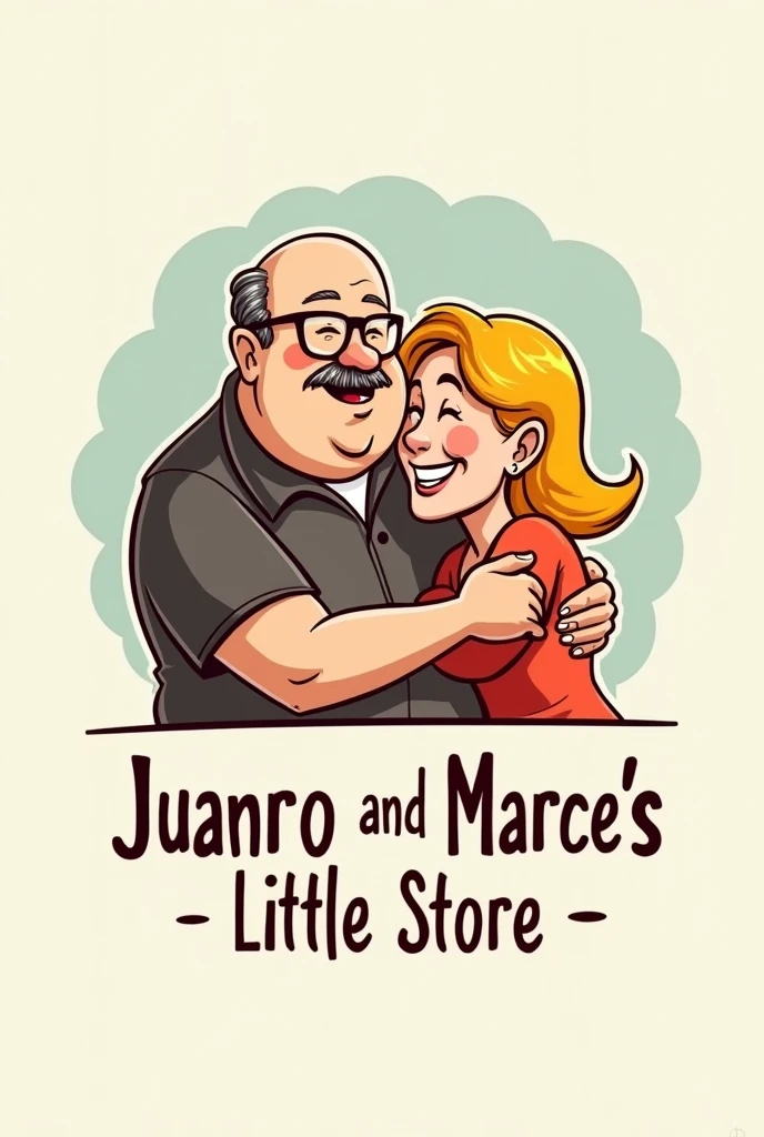 Create a logo containing 2 people, A fat bald guy with glasses hugging a blonde girl, and the logo says JuanRo and Marce's Little Store